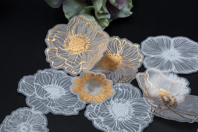 Silver Flower Sticker 20pcs Flower Vellum Stickers | Gold Foil Flower Series Floral Botanical ...