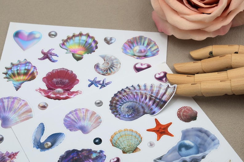 Clam Shell Sticker Clam Shell With Pearl Themed Paper Sheet Sticker | Seashell Pearl Star ...