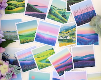 May include: A collection of colorful landscape stickers with a scalloped edge. The stickers feature scenes of rolling hills, fields of flowers, and sunsets.