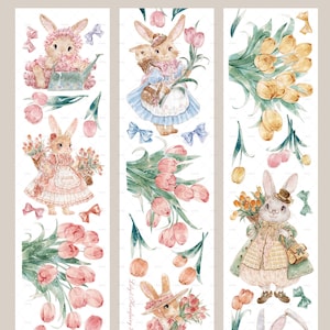 Cute rabbit flower Washi PET tape ｜floral tulip garden rabbit M04 wt-7