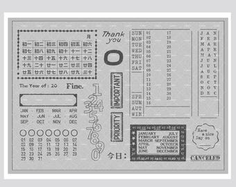 May include: A grayscale collage of calendar elements, including dates, months, and days of the week. The design incorporates Japanese characters, the words "Thank You," and the word "Important." The layout is reminiscent of a vintage newspaper.