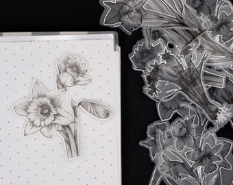 flower sketch vellum sticker | Silver foil black white botanical sketching floral flower plant die cut stickers