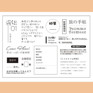 May include: A cream-colored page layout with Japanese text and illustrations. The design includes the words "STYLE 01" and "TRAVELERS NOTEBOOK." Additional text includes "Come Home!" and "Online Shopping."