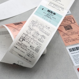 May include: A white receipt with black text and a blue and white ticket with the text "Ticket Adult &yen;370" and "24 2.14". The receipt shows a total of &yen;15,000.