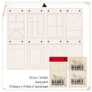 K&ouml;nnte beinhalten: Ein Heft mit 32 Stempelstanzdesigns, mit 8 verschiedenen Designs auf 4 Arten von Spezialpapier. Die Designs umfassen eine Vielzahl von Formen und Mustern, wie z. B. Quadrate, Rechtecke und Rauten.