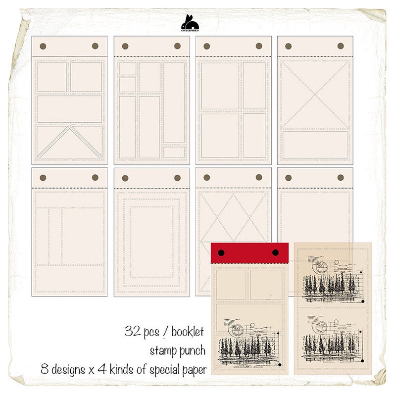 K&ouml;nnte beinhalten: Ein Heft mit 32 Stempelstanzdesigns, mit 8 verschiedenen Designs auf 4 Arten von Spezialpapier. Die Designs umfassen eine Vielzahl von Formen und Mustern, wie z. B. Quadrate, Rechtecke und Rauten.