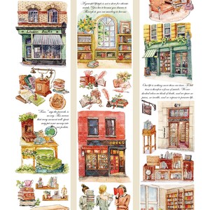May include: A collection of watercolor illustrations featuring various scenes of book stores, including a storefront with the sign "Lindam Books", a red brick building with a sign that says "BOOKS", and a bookshelf with a quote about time. The illustrations are perfect for scrapbooking, card making, and other paper crafts.