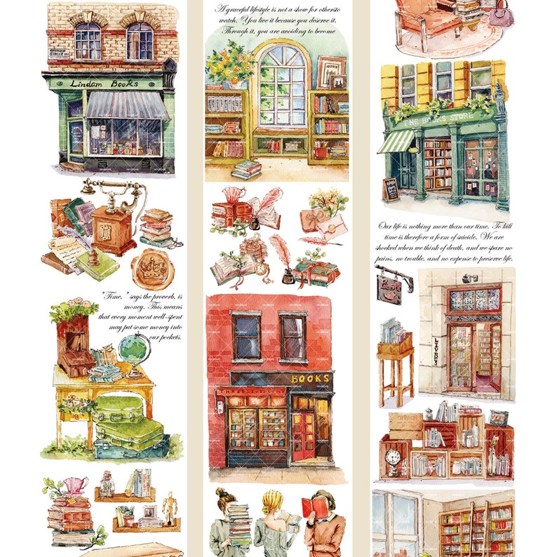 May include: A collection of watercolor illustrations featuring various scenes of book stores, including a storefront with the sign "Lindam Books", a red brick building with a sign that says "BOOKS", and a bookshelf with a quote about time. The illustrations are perfect for scrapbooking, card making, and other paper crafts.