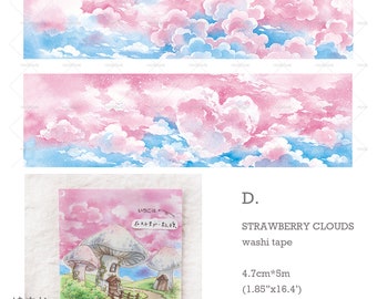 May include: A pink and blue washi tape with a watercolor design of clouds. The tape features a heart-shaped cloud and a small illustration of a mushroom house with the text "いちご味" and "在十里加一粒種。" The tape is 4.7 inches wide and 16.4 feet long.