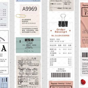 May include: A collection of receipts and tickets, including a pink and white receipt with the text "Pink Bourbon Washed Colombia", a blue and white ticket with the text "観覧券 Ticket 大人 ADULT &yen;370", a white receipt with the text "Order Receipt No. DJJD4358908", and a pink baggage removal ticket with a QR code and the text "Baggage Removal Ticket This is required when removing your baggage".