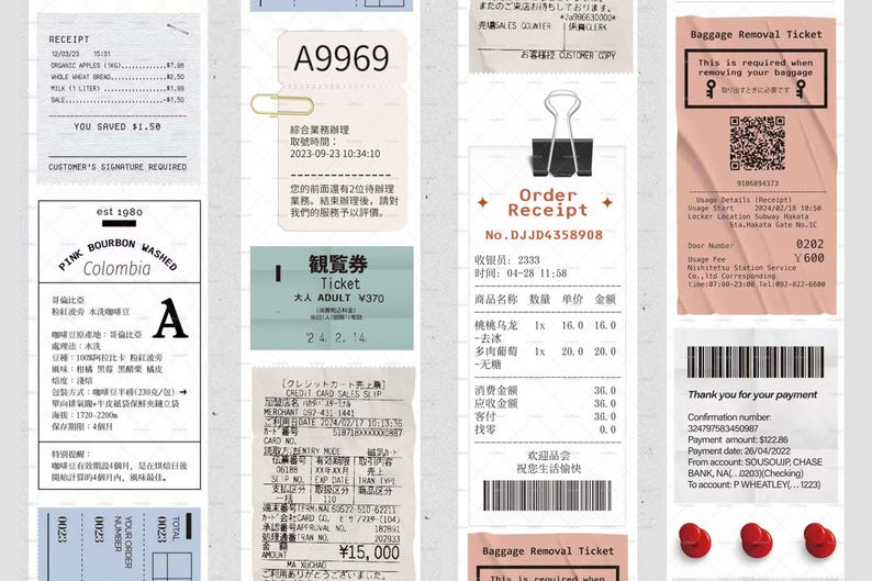 May include: A collection of receipts and tickets, including a pink and white receipt with the text "Pink Bourbon Washed Colombia", a blue and white ticket with the text "観覧券 Ticket 大人 ADULT &yen;370", a white receipt with the text "Order Receipt No. DJJD4358908", and a pink baggage removal ticket with a QR code and the text "Baggage Removal Ticket This is required when removing your baggage".
