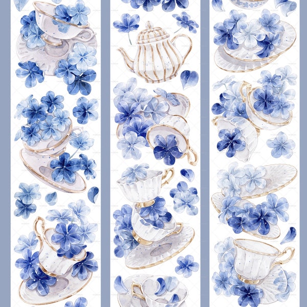 blue flower teapot PET Washi Tape ｜blue petal flower tea cup tape PET Tape  M04 wt-7