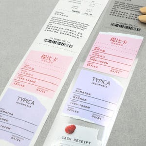 May include: Two pink and purple labels with the text "Typica Indonesia" and "Sumatra Washed" with the text "提比卡" and the text "1450-1630M" and "227:5C" and "04/24".