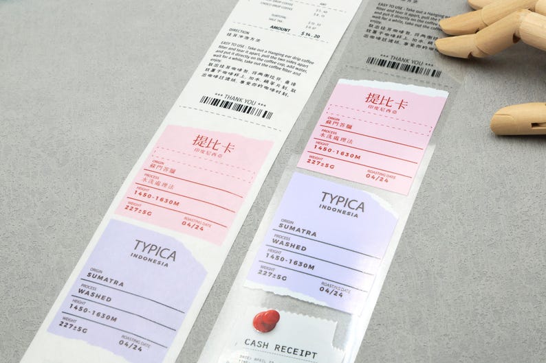 May include: Two pink and purple labels with the text "Typica Indonesia" and "Sumatra Washed" with the text "提比卡" and the text "1450-1630M" and "227:5C" and "04/24".