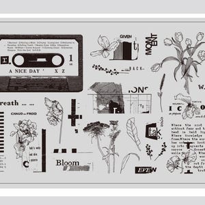May include: Black and white graphic design collage featuring a cassette tape with the text "A NICE DAY' X Z", a cross, flowers, and text that reads "Breath... CHAUD... FROID", "Bloom", "Given", "Back", "Moment", "On", "Tak", "Even", "I.C.O", and "Where the mind is without fear and the head is held high... Where Knowledge is free: Where the world has not been broken up into fragments by narrow walls... Where one word comes from the depth of truth"