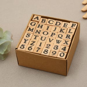 Op de afbeelding: Een houten doos gevuld met alfabet- en cijferblokken. De blokken zijn gerangschikt in alfabetische en numerieke volgorde. De doos is gemaakt van bruin karton.