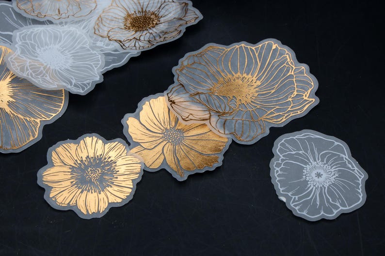 Silver Flower Sticker 20pcs Flower Vellum Stickers | Gold Foil Flower Series Floral Botanical ...