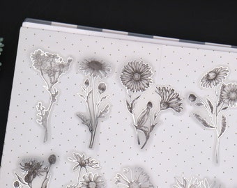 flower sketch vellum sticker | Silver foil black white botanical sketching floral flower plant die cut stickers