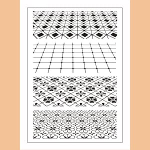 May include: Four different black and white tile patterns. The patterns are arranged in a vertical column. The top pattern is a diamond pattern, the second pattern is a grid pattern, the third pattern is a four-leaf clover pattern, and the bottom pattern is a more intricate four-leaf clover pattern.