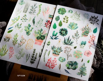Rub-on stickers  | 2 sheets watercolor green leaf flower floral leaves  Rub On Transfer Stickers T03  T03-14