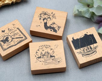 wood stamps rubber stamps- glass forest butterfly book Raccoon picking strawberries  theme wood  stamp m04