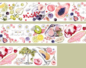 Ruban adhésif PET Washi Fruits du printemps | Ruban adhésif PET, adhésif en Washi, motif aquarelle papaye, cerise, figue, citron, raisin, litchi, citron, poire | M04 #5