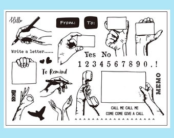 clear Stamp Set / Clear Stamps / hand holding items memo phone phone themed S17