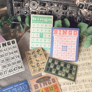 Pegatinas / Tarjetas de bingo vintage, piezas de juego de bingo, juego de 15 piezas, pegatinas de recibos, diario basura, efímera Y06 end90