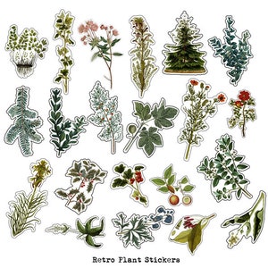 May include: A collection of retro plant stickers in various shapes and sizes. The stickers feature detailed illustrations of different plants, including ferns, flowers, and leaves, in shades of green, brown, and red. The text "Retro Plant Stickers" is at the bottom.