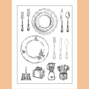 Conjunto de carimbo transparente/selos transparentes/hora do jantar, prato de salada, mesa, garfo, comida, refeição diária, carimbo transparente s33