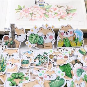 Shiba Inu stickers | Shiba Inu dog love plant botanical green leaves flower living moment Decorative Stickers, Die Cut Stickers ml05
