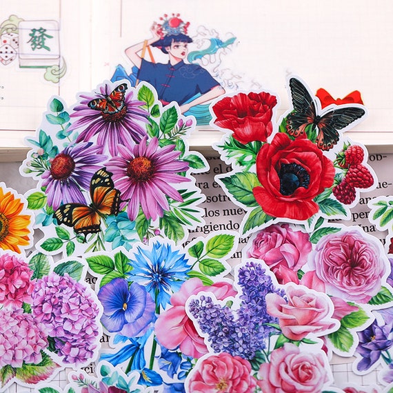花のステッカー | 花柄植物をテーマにした装飾ステッカー、ダイカット