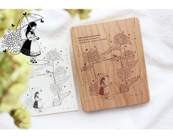 Carimbo vintage de madeira com flores, estampa de hortênsia, chuva, menina, moldura de flores. m04 HWS
