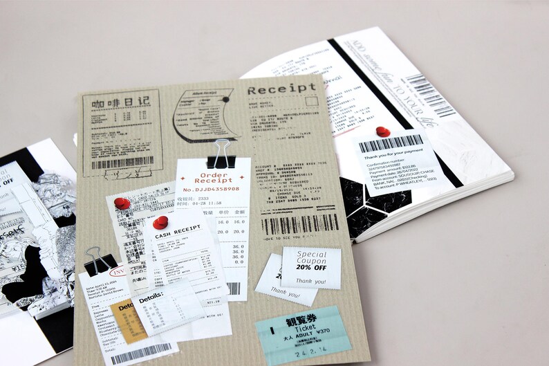 May include: A collection of receipts and coupons on a brown cardboard background. The receipts are for various items, including coffee, food, and tickets. The coupons offer discounts on various products and services. The text on the receipts and coupons is in Japanese and English.