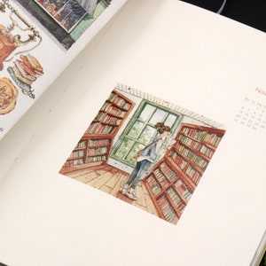 May include: A watercolor illustration of a woman standing in a library, looking at a book. The library has tall bookshelves filled with books, and a window with a view of trees outside. The illustration is in a vintage style, with soft colors and delicate details.