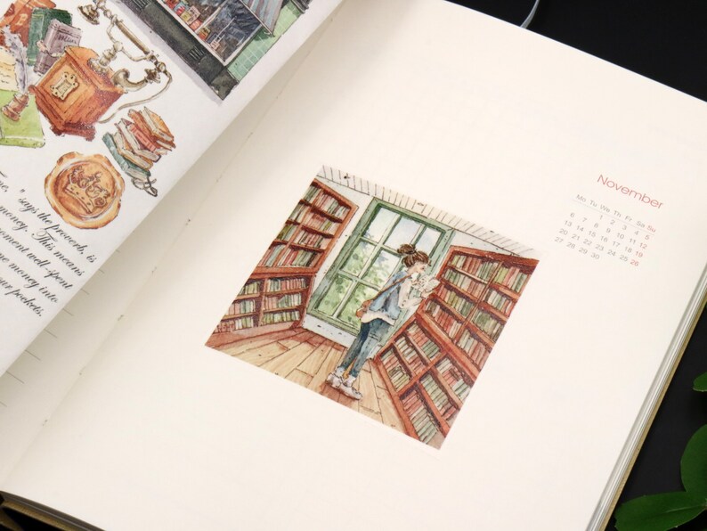 May include: A watercolor illustration of a woman standing in a library, looking at a book. The library has tall bookshelves filled with books, and a window with a view of trees outside. The illustration is in a vintage style, with soft colors and delicate details.