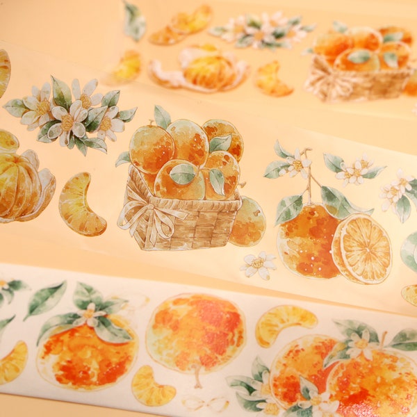 Orange Washi PET Tape  | Tangerine mandarin fruit watercolor pattern PET Tape, Washi Tape | M04 wt-13