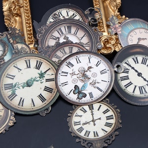 May include: A collection of vintage-style clock faces with Roman numerals and ornate frames. The clocks vary in size and design, featuring details like floral accents and butterfly illustrations. The color palette includes cream, black, and touches of blue and gold.