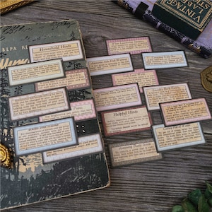 May include: A collection of vintage-style printable labels with helpful household hints and tips. The labels feature a variety of colors and fonts, including pink, brown, and white. The labels are printed on a textured paper and have a distressed look. Some of the tips include how to clean a burned oven, how to remove rusty screws, and how to get rid of wasps.