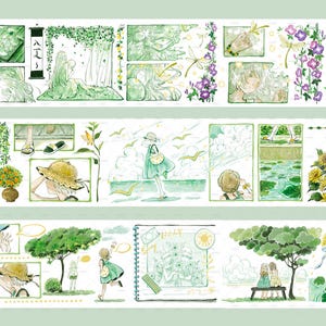 May include: A washi tape featuring a variety of illustrations, including a girl walking on a beach, a girl sitting under a tree, and a girl holding a sunflower. The tape also features a variety of floral designs, including sunflowers, daisies, and butterflies.
