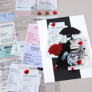 May include: A collage of receipts and paper scraps with a black and white silhouette of a person holding an umbrella. The person is wearing a red heart and a black and white patterned dress. The collage is decorated with red paper hearts.