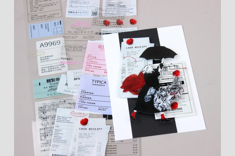 May include: A collage of receipts and paper scraps with a black and white silhouette of a person holding an umbrella. The person is wearing a red heart and a black and white patterned dress. The collage is decorated with red paper hearts.