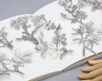 flower sketch vellum sticker | Silver foil black white botanical sketching floral flower plant die cut stickers
