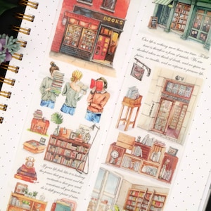 May include: A set of watercolor illustrations featuring a bookstore theme. The illustrations include a storefront, bookshelves, and people reading. The text "BOOKS" is visible on the storefront. The quote "Our life is nothing more than river time..." is also included.