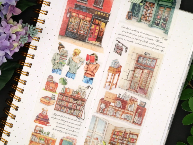 May include: A set of watercolor illustrations featuring a bookstore theme. The illustrations include a storefront, bookshelves, and people reading. The text "BOOKS" is visible on the storefront. The quote "Our life is nothing more than river time..." is also included.