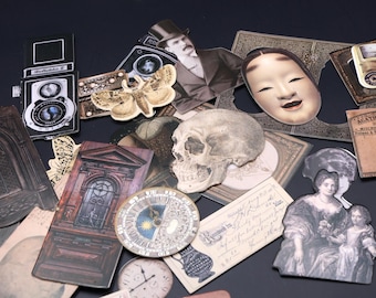 May include: A collection of vintage-style ephemera, including a skull, a camera, a clock, a moth, a Kabuki mask, and portraits. The items are in shades of brown, beige, and black, creating a collage effect.