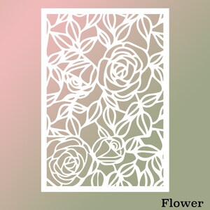 May include: White silhouette of a floral design with roses and leaves. The design is framed in a white rectangle. The word "Flower" is written below the rectangle.