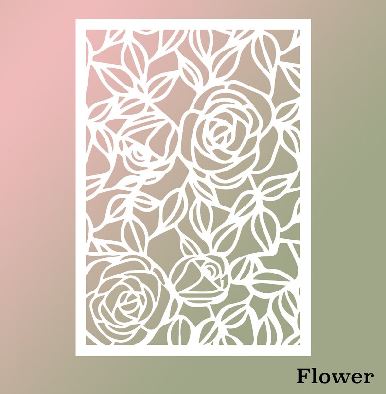 May include: White silhouette of a floral design with roses and leaves. The design is framed in a white rectangle. The word "Flower" is written below the rectangle.