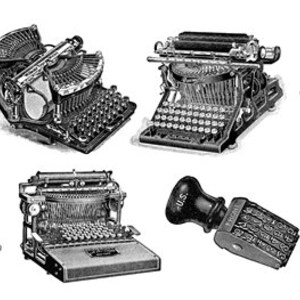 May include: A collection of vintage typewriters and a rubber stamp. The typewriters are all black and have a variety of styles. The rubber stamp is black and has a rectangular shape.