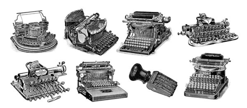 May include: A collection of vintage typewriters and a rubber stamp. The typewriters are all black and have a variety of styles. The rubber stamp is black and has a rectangular shape.